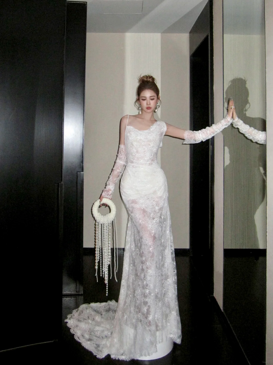 Mermaid Lace Wedding Dress With Straps Fairytale Brides Gown Wedding Dresses N051