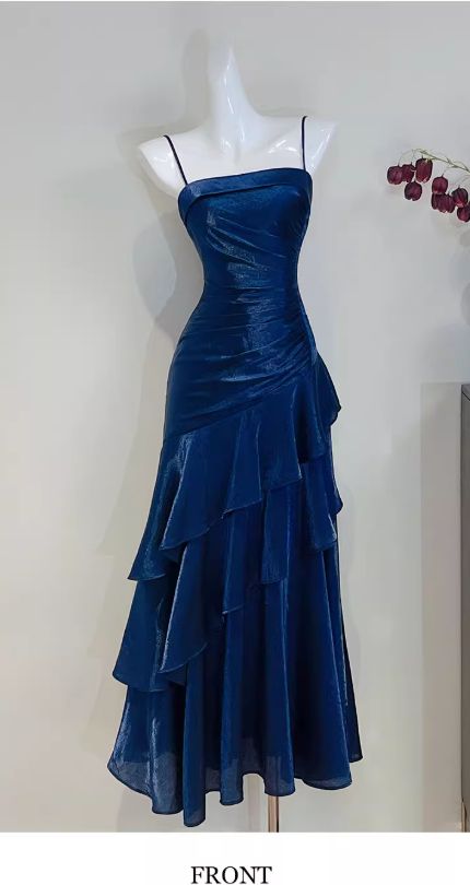 Mermaid Satin Royal Spaghetti Straps Blue Long Prom Dress Long Evening Gowns Formal Dress AB1825