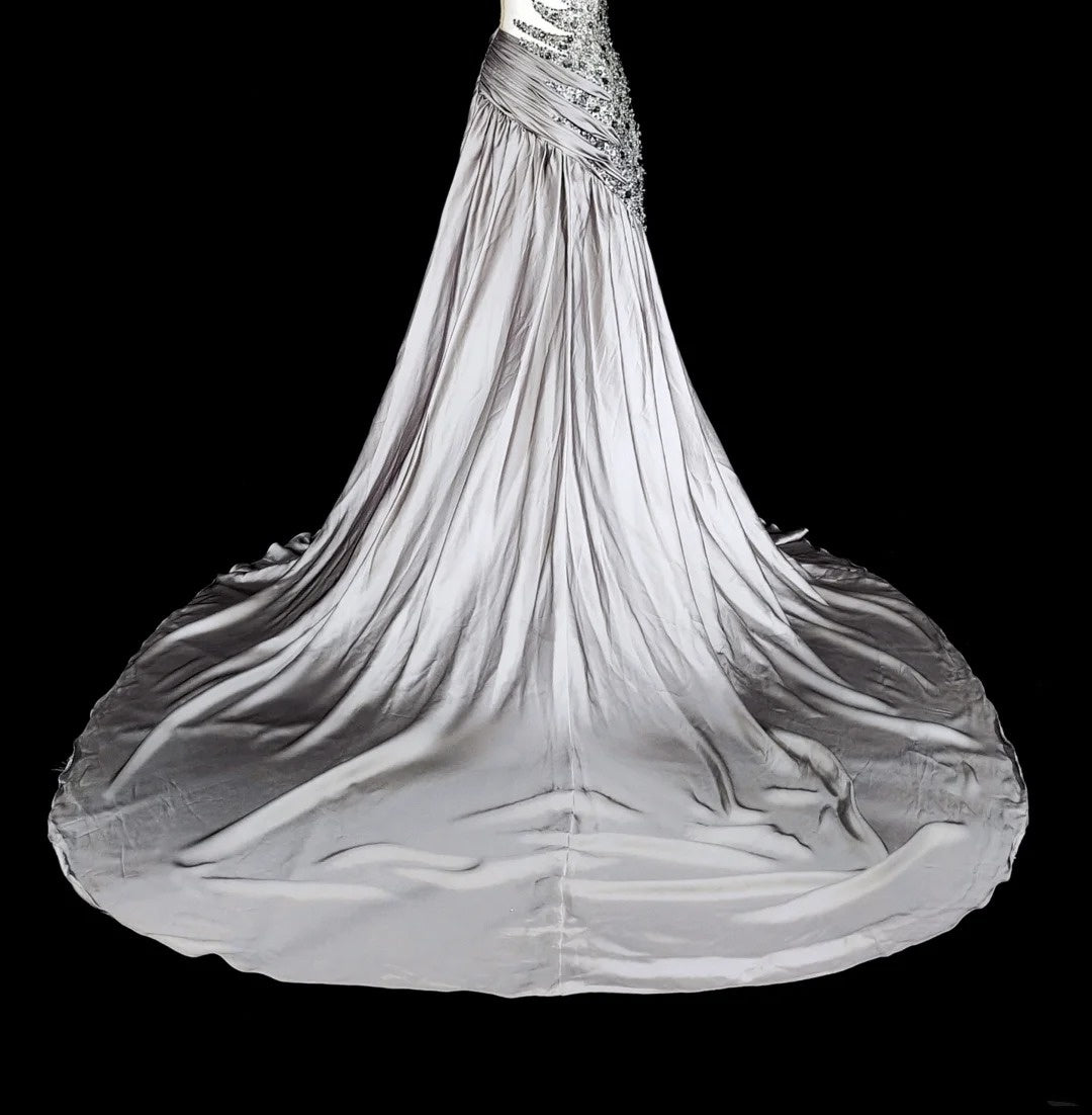 Vintage Prom Dresses Aesthetic Mermaid One Shoulder Grey Taffeta Classic Inspo With Crystals Gem Dress N1999