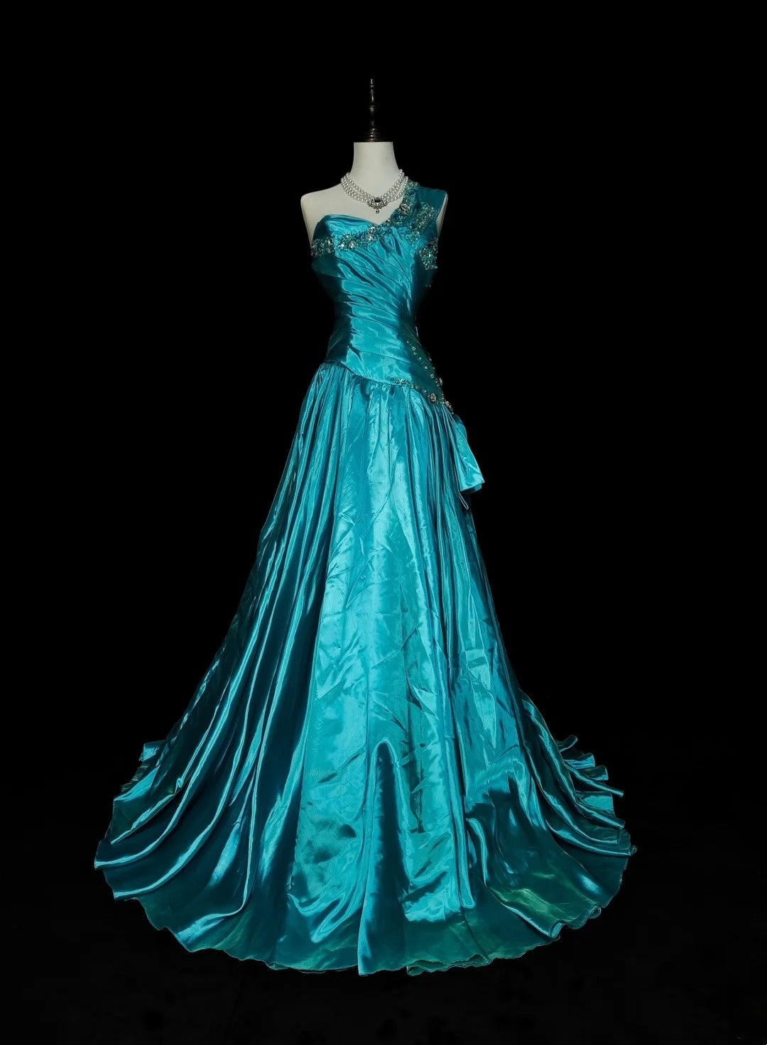 Retro A line One Shoulder Blue Satin Sleeveless 70s Prom Dresses Long – RubyFashionDress