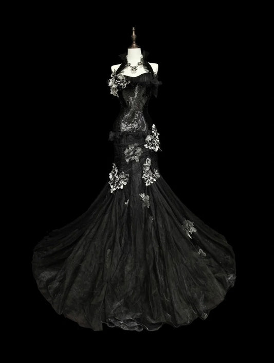 Vintage Prom Dresses Aesthetic 1960s Retro Mermaid Halter Black Lace Long Formal Dress N2148
