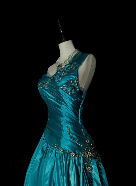 Retro A line One Shoulder Blue Satin Sleeveless 70s Prom Dresses Long Formal Party Gowns N1489