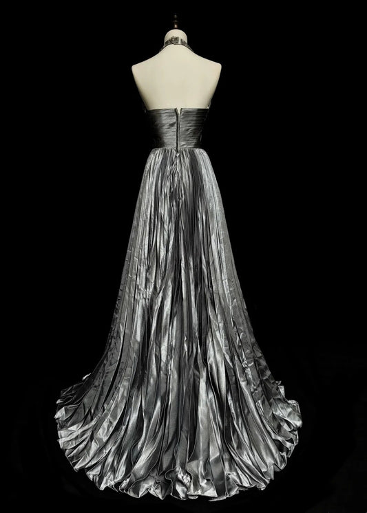 Vintage 1960s Halter Sleeveless Satin Pleated A Line Silver Grey Long Prom Dresses N1575