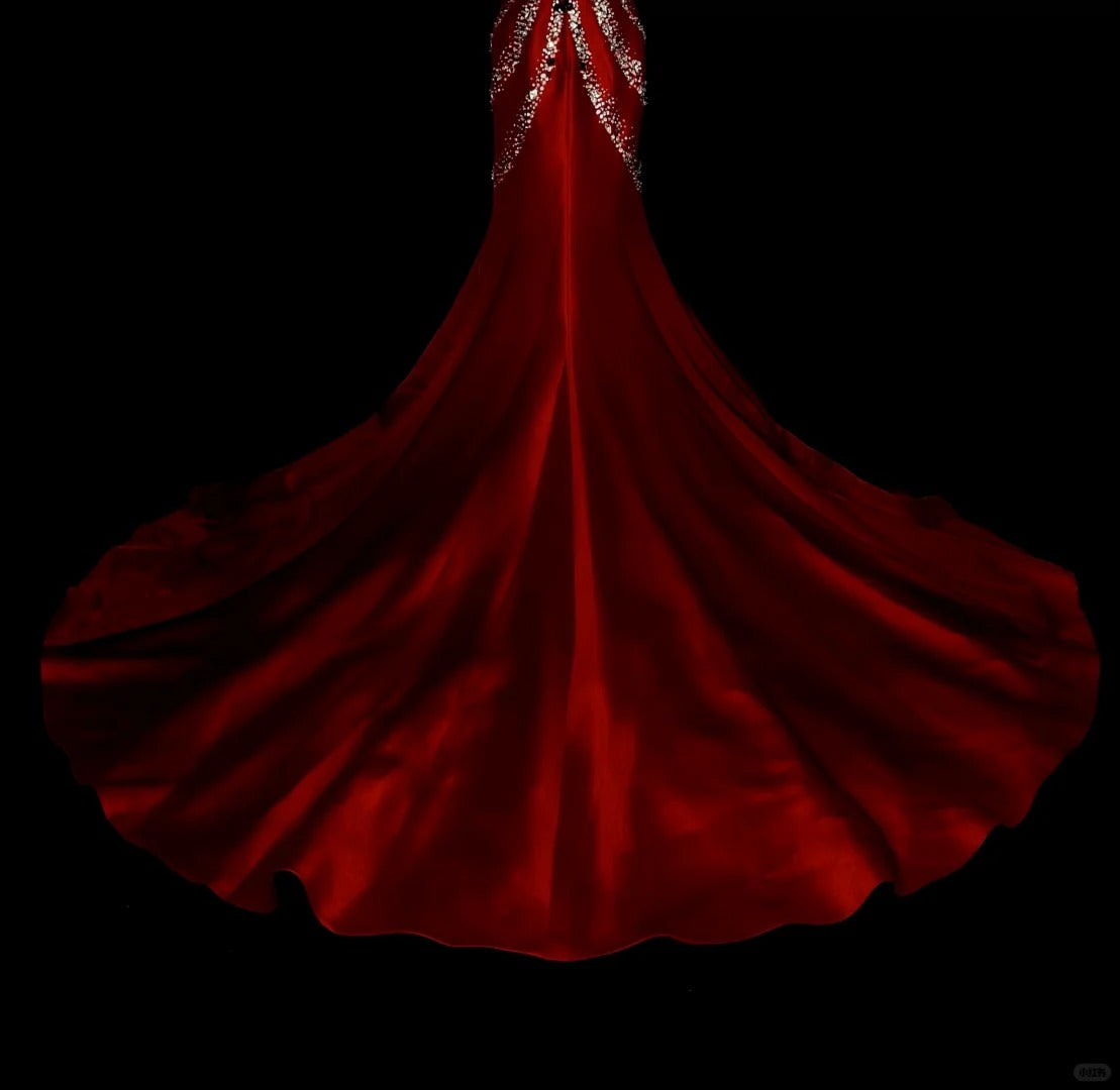 Retro Mermaid Sweetheart Red Satin With Beaded Sleeveless 70s Prom Dresses Long Formal Party Gowns N1492