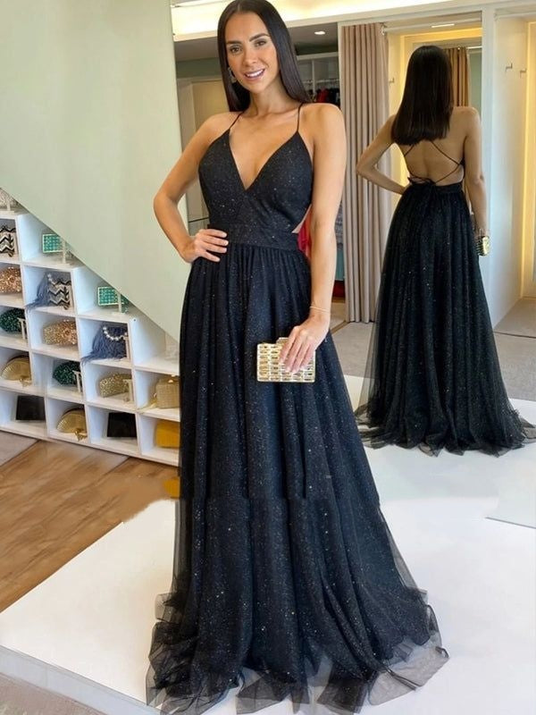 Sexy A line Backless Deep V neck Long Evening Prom Dresses AB914