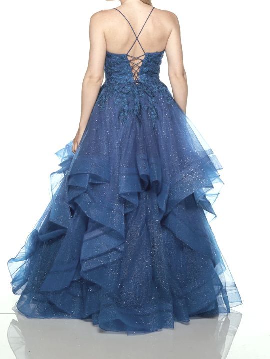 Ball Gown Blue V-neck Tulle Appliques Sequins Long Prom Dress Spaghetti Strap Evening Dress Birthday Gowns AB927