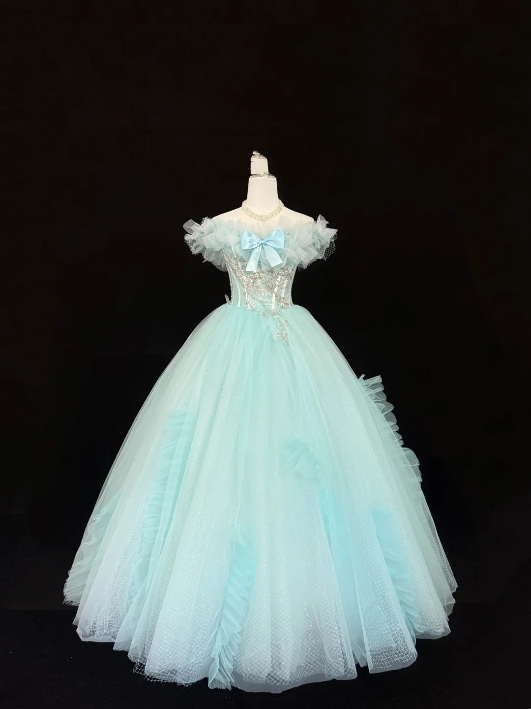Tulle Ball Gown Quinceanera Dress Off Shoulder Blue With Bow-knot Tulle Sweet 15 Formal Gown RC0147