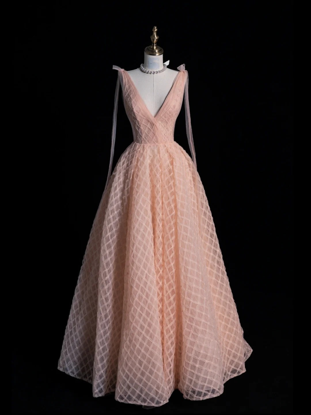 Modest Ball Gown V Neck Pink Tulle Long Formal Evening Dress Gowns Formal Prom Dresses N749