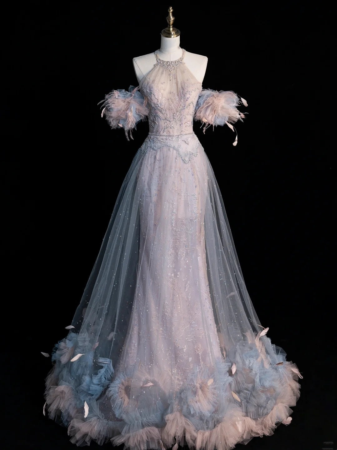 Elegant Mermaid Jewel Neck Tulle With Feathers Long Prom Dresses Formal Party Gowns Vestidos De Dia N772
