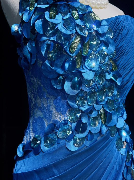 Vintage Classy Prom Dresses Mermaid One Shoulder Gradient Colors White Blue Tulle With Beaded Evening Long Dress N3301