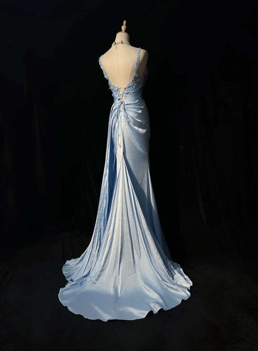 Light Sky Blue Prom Dress Inspo Mermaid Straps With Appliqued Slit Modest Long Formal Party Gown RC0082