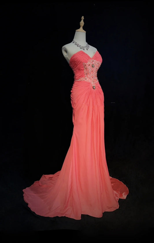 Vintage Prom Dresses 1980s Mermaid Sweetheart Chiffon Coral Long With Pleated Beading Evening Outfits N3129