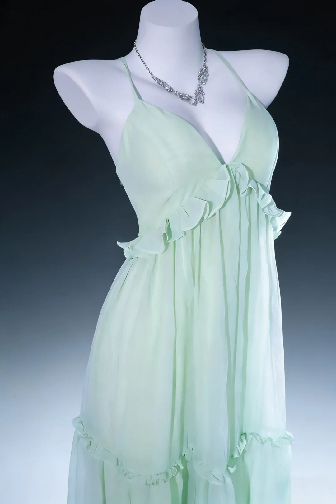 Pretty Prom Dresses A Line Halter Sage Green Chiffon Backless Long Formal Dress N3044