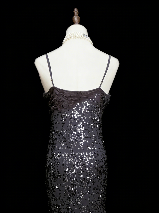 Vintage Fashion Night Aesthetic Mermaid Spaghetti Straps 80s 70s 90s Silver Grey Sequin College Formal Outfit Long Prom Graduation Dresses N1145
