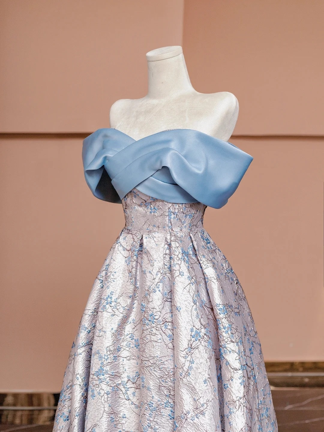 Gorgeous A line Off The Shoulder Blue With Sleeves Satin Formal Evening Dress Gowns Prom Dresses N726