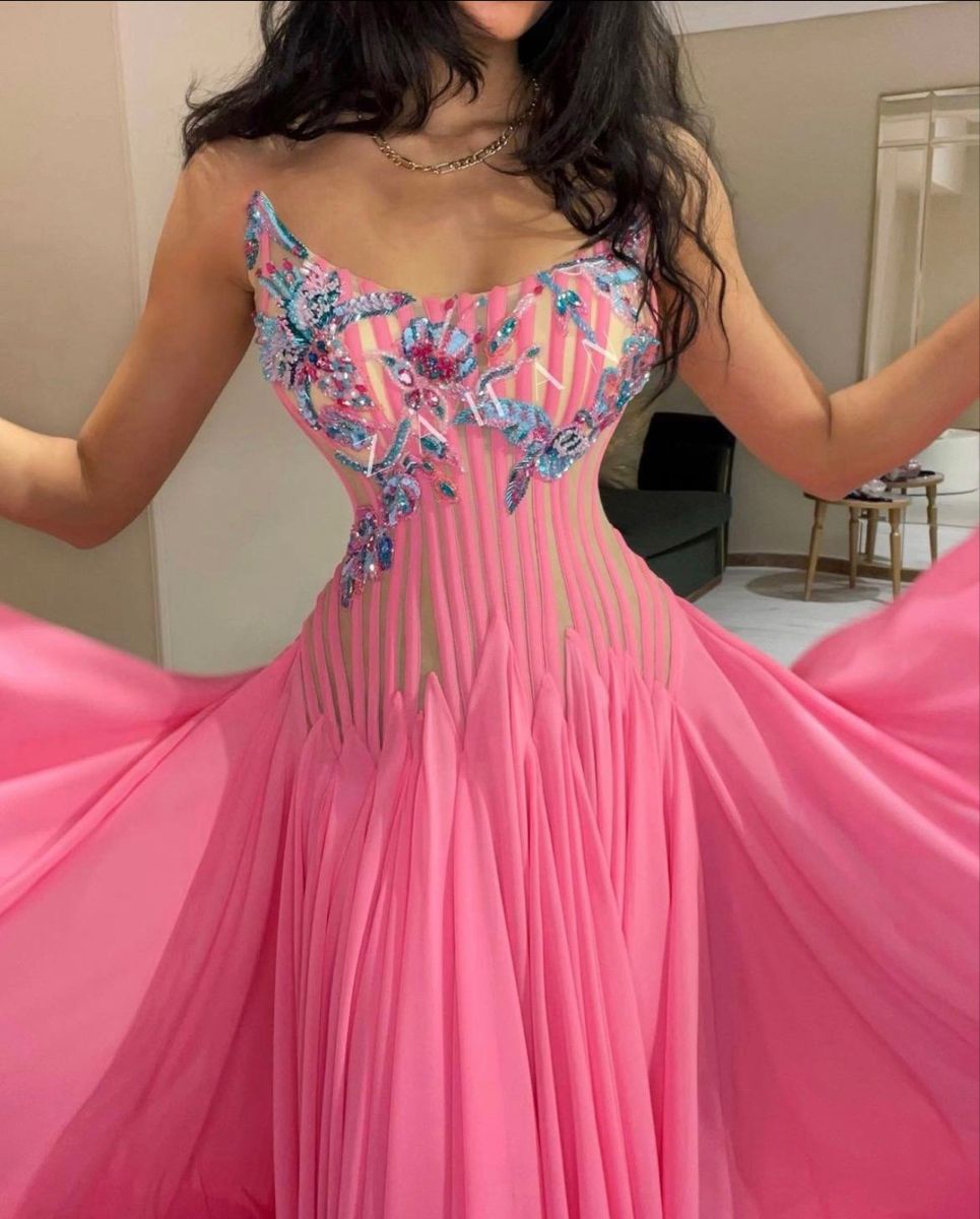 Sexy A line Strapless Pink Chiffon Drop Waist Evening Dresses Night Date Prom Dress For Women AB2550