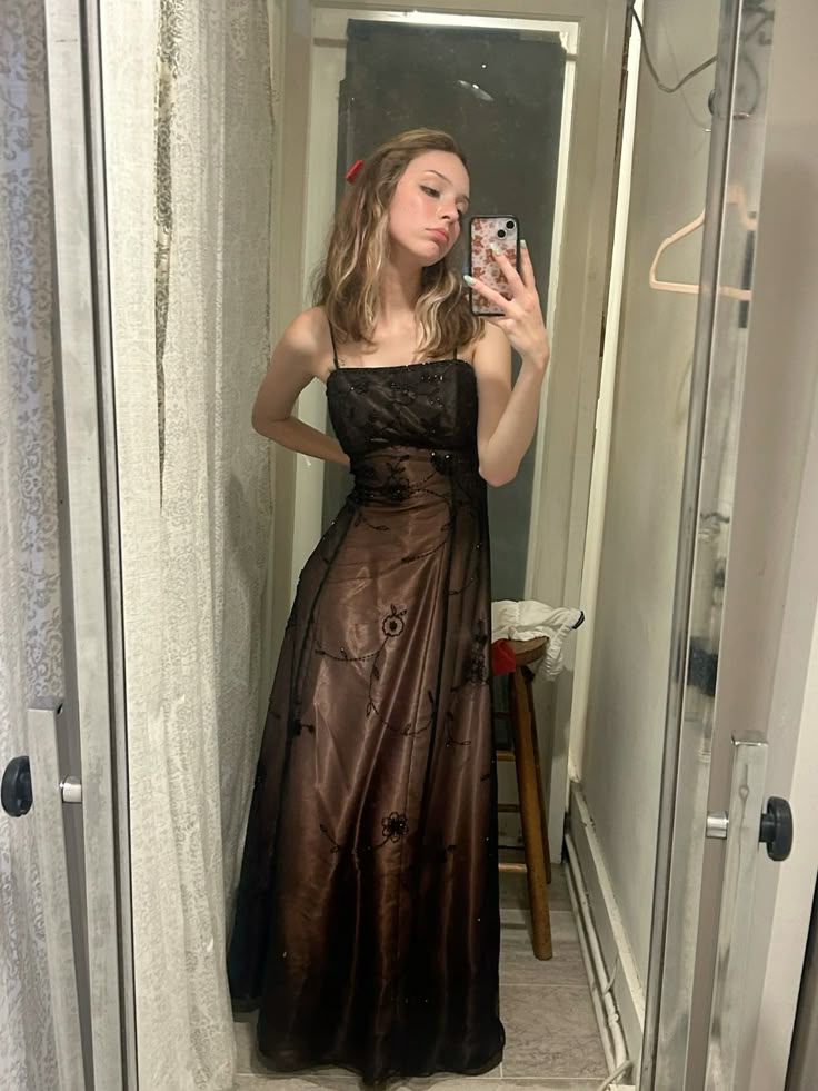 Vintage Prom Dresses A Line Spaghetti Strap 90s Sleeveless Brown Long – RubyFashionDress