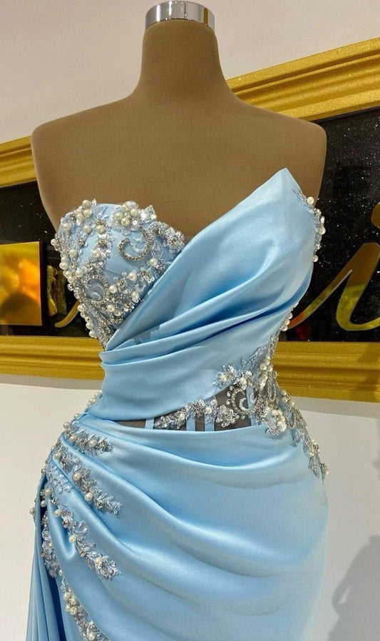 Sexy Shimmer Gown Sweetheart Sleeveless Blue Slit Prom Dresses Mermaid Bodycon For Women N4064