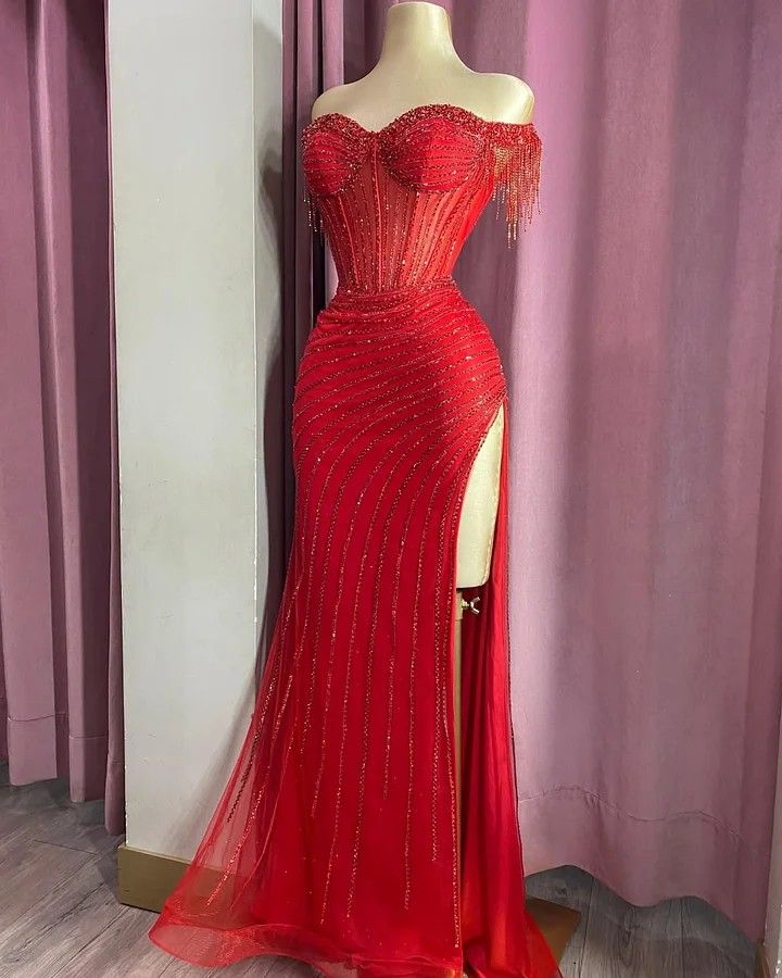 Red Glitter Bodycon Off The Shoulder Slit Prom Dresses Mermaid Bodycon For Women N4108