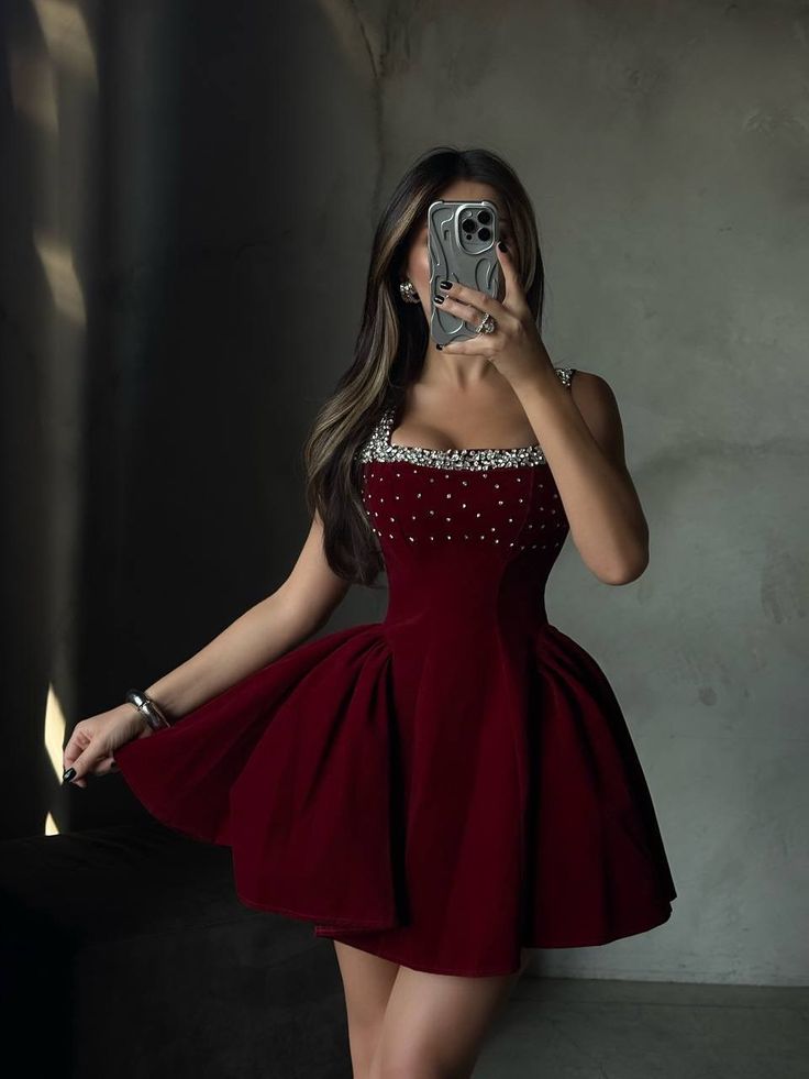 Vintage Ball Gown Square Neck Burgundy Velvet Short Birthday Dress Homecoming Dresses Inspo Cocktail Hoco Outfits RB8708