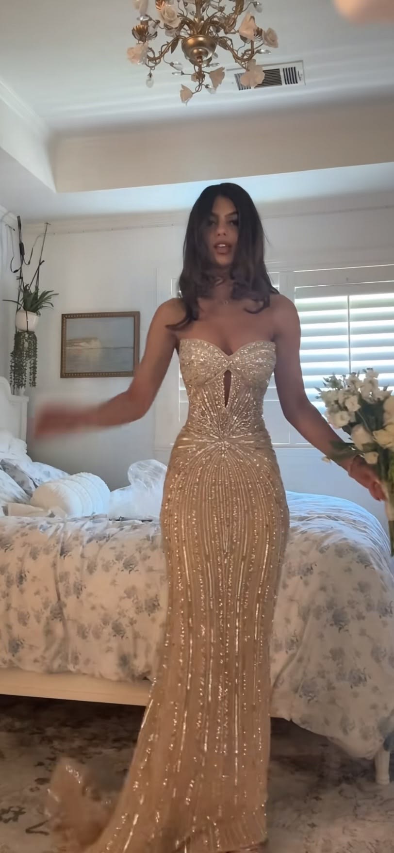 Sparkly Mermaid Sweetheart Champagne Sequined Long Prom Dress Inspiration Party For Womens Formal Dresses RB8697