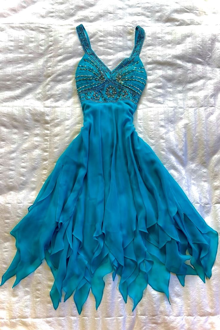 Vintage Vibrant Blue Vintage Style Handkerchief Dress with Embroidered Design Birthday Dress Homecoming Dresses Inspo Hoco Outfits RB8727