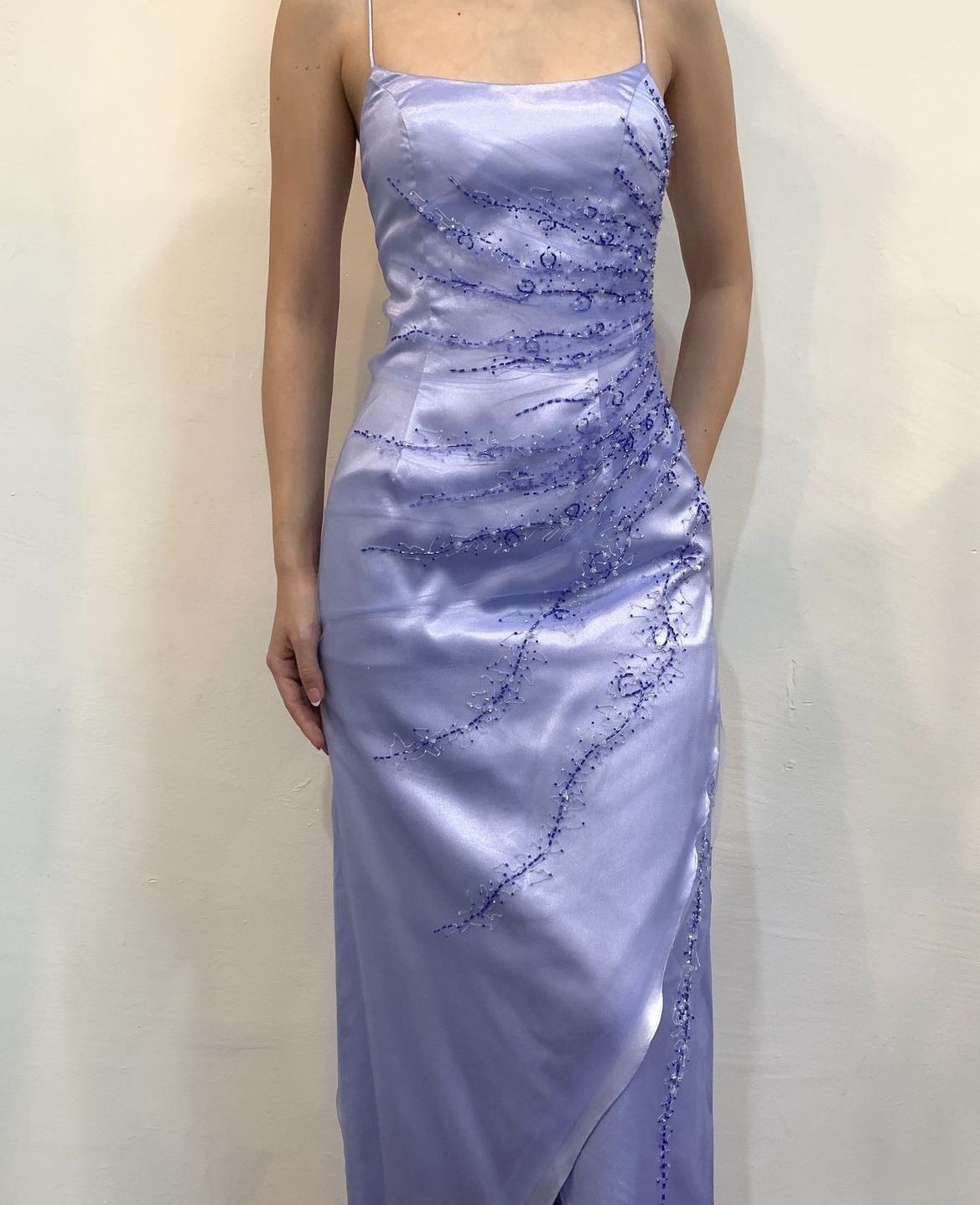 Vintage A line Spaghetti Strap Blue Satin With Beading Sleeveless Formal Dress Evening Gown Prom Dresses N2565