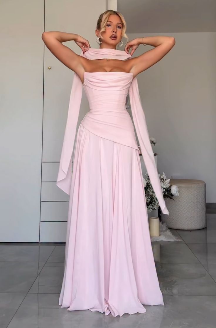Elegant A line Prom Dresses With Scarf Chiffon Pleated Ruched Ruffle Strapless Pink Formal Evening Dress Party Gowns AB409