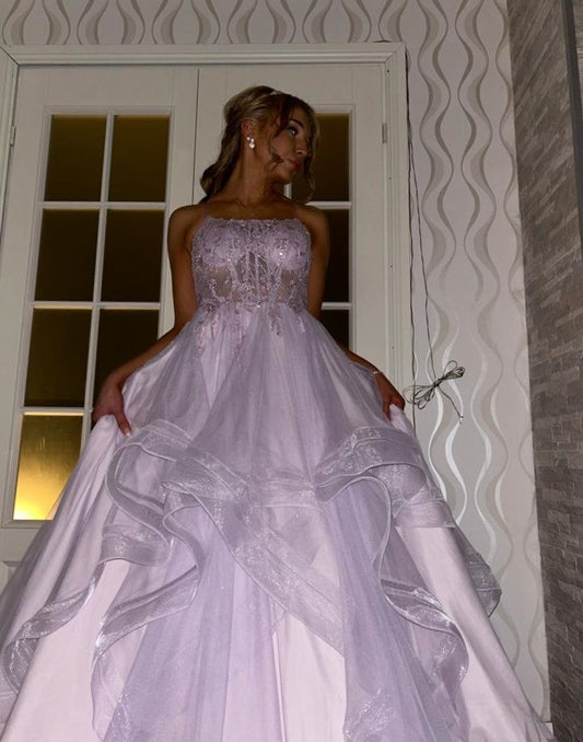 Unique Ball Gown Prom Dress Lilac Lace Formal Long Tiered Evening Party Gowns Vestidos De Dia AB551