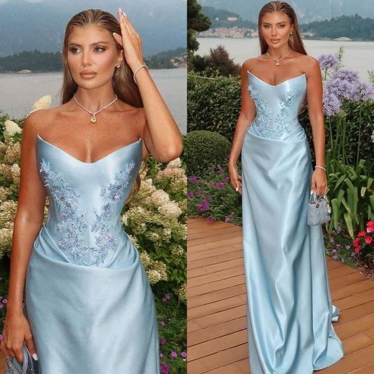Gorgeous Fashion Sheath Blue Satin Prom Dresses Luxury Strapless Sleeveless Formal Gowns AB394