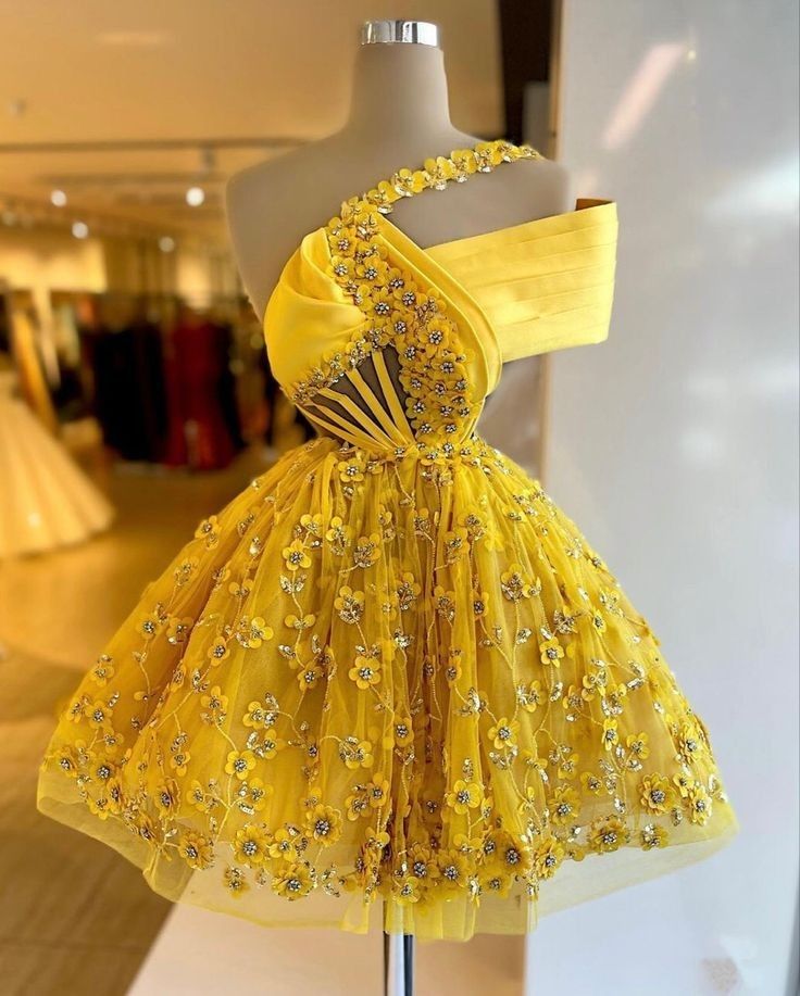Fancy Ball Gown One Shoulder Yellow Lace Mini Short Hoco Party Birthday Dress Ideas Homecoming Dresses RB4095