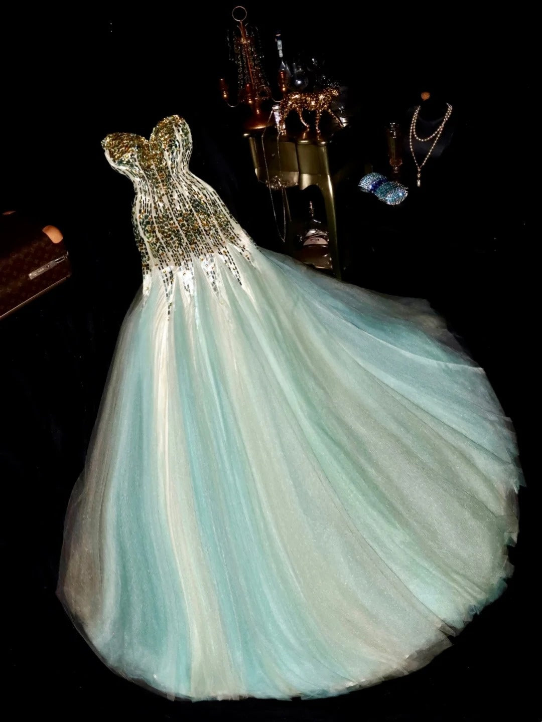 Luxurious Mermaid Sweetheart Blue Green Tulle With Gold Beading School Dances Prom Dresses 8th Grade Formal Outfits Evening Gown RB8398