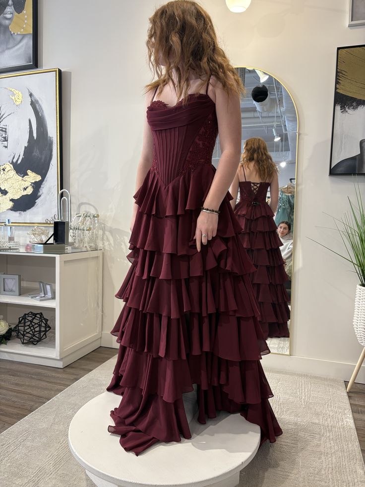 Classy A Line Spaghetti Strap Burgundy Chiffon Long Prom Dress Aesthet – RubyFashionDress
