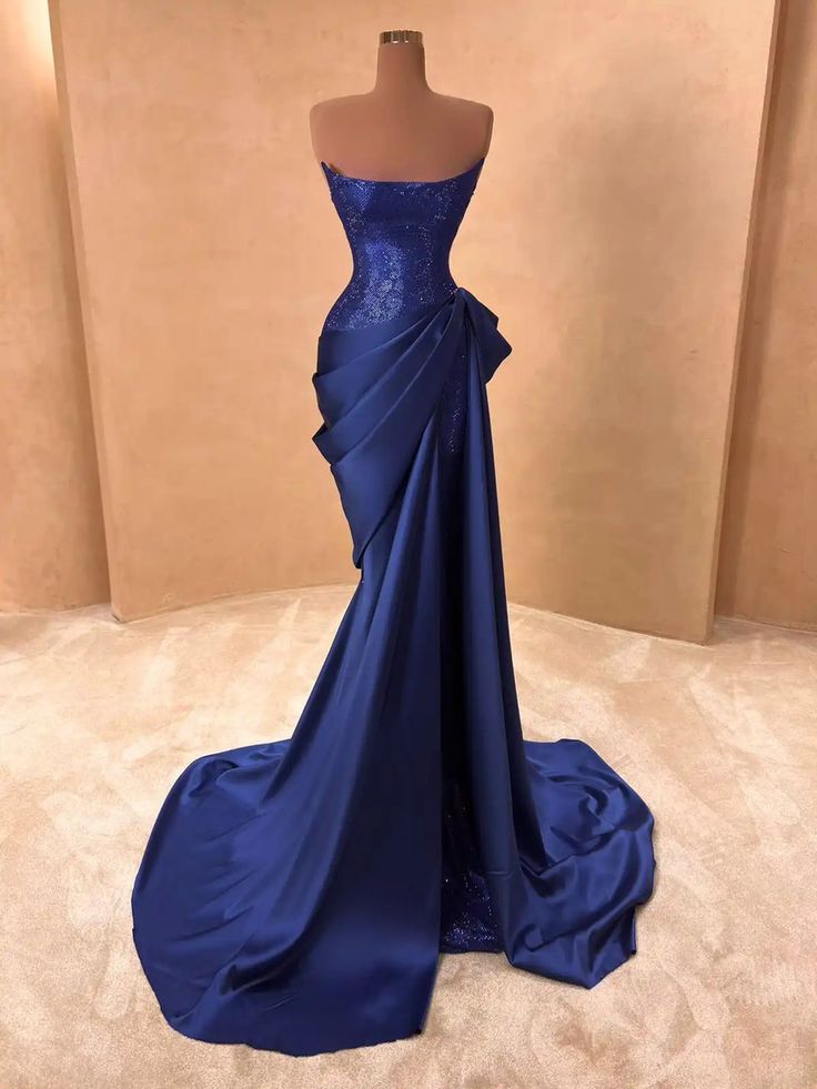 Modest Mermaid Strapless Royal Blue Satin Long Prom Dresses Inspiration Evening Gowns For Women Formal Party Dress AB1261