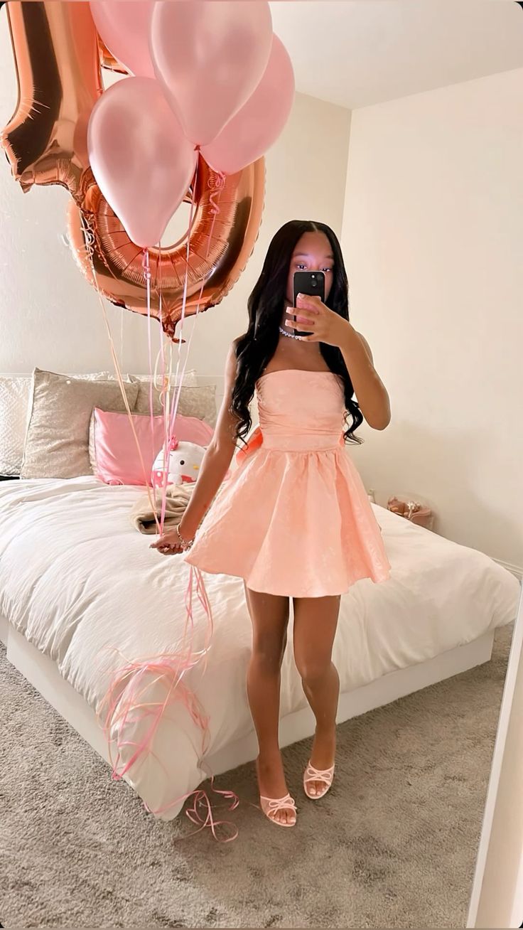 Trendy A Line Strapless Blush Pink Short Birthday Outfits Inspo Hoco Dress Ideas Homecoming Dresses RB4097