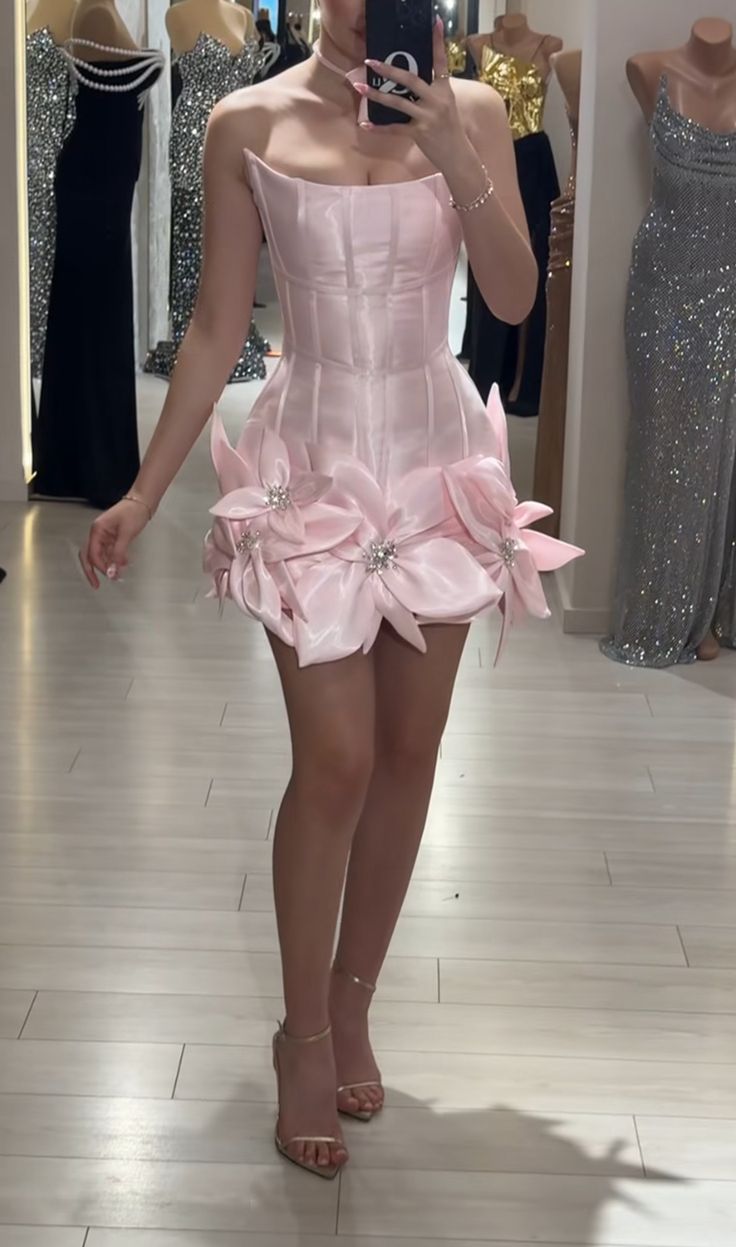 Sexy Sheath Tight Bodycon Strapless Pink Satin With 3D Flowers Mini Short Inspo Hoco Dress Ideas Homecoming Dresses RB4102