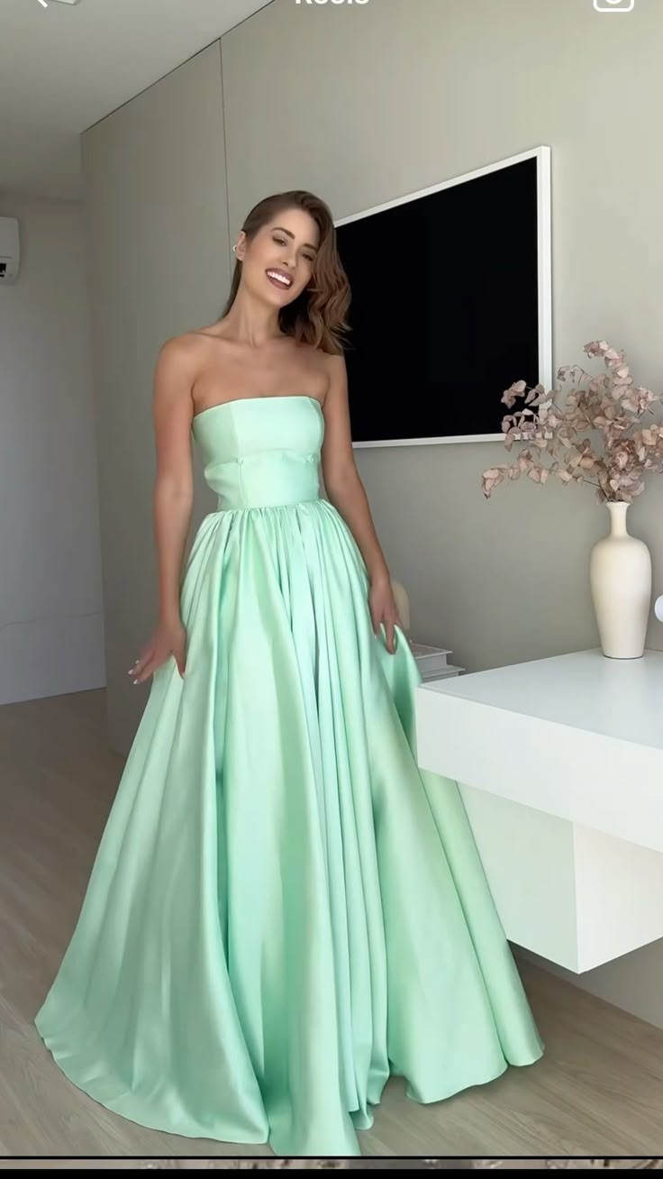 Chic A line Strapless Mint Green Satin Basque Waist Sleeveless Evening Formal Prom Dresses AB454