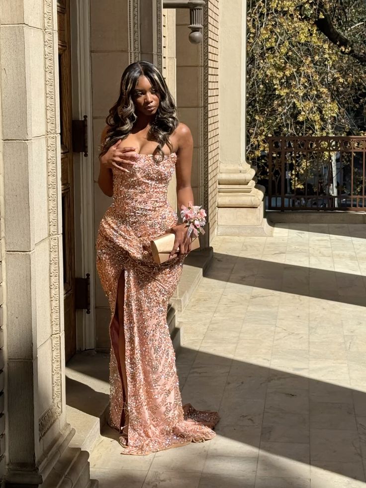 Sexy Mermaid Strapless Pink With Slit Long Prom Dress With Beaded Bodice Evening Dresses N635