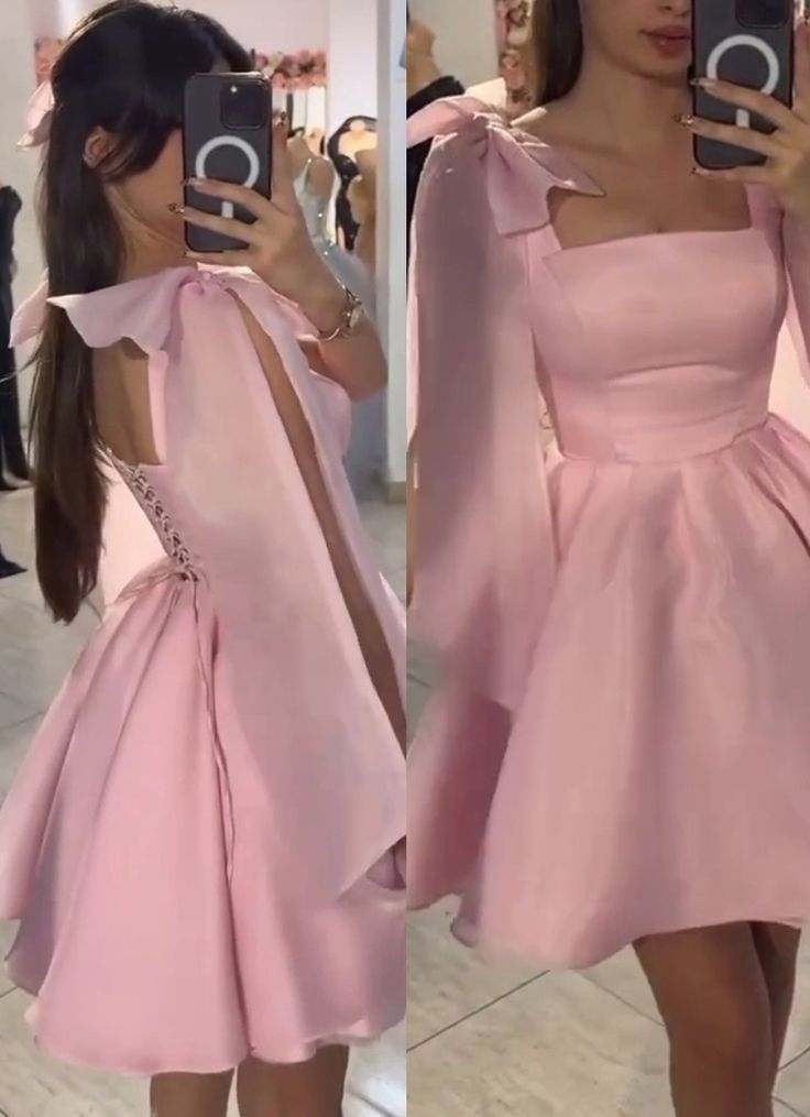 Cute Ball Gown Spaghetti Straps Pink With Bow Short Mini Party Outfits Homecoming Dresses RB4230
