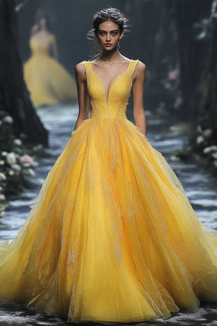 Elegant Ball Gown V Neck Yellow Tulle Evening Women Party Dresses Long Formal Prom Dress 16 Birthday Gown AB1278