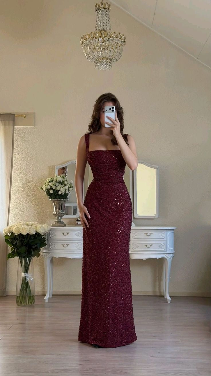 Sexy Mermaid Square Neck Burgundy Sequin Prom Dresses Long Evening Formal Gown Wedding Party Gowns N357