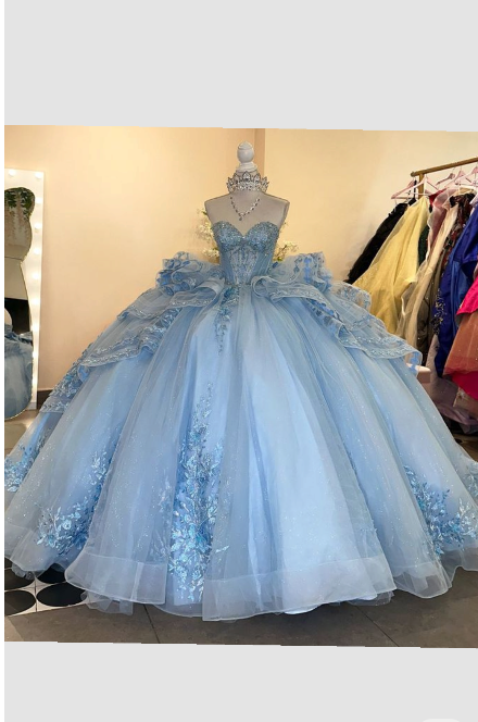 Unique Ball Gown Sweetheart Blue Tulle With Multi Layered Long Prom Quinceanera Dresses Sweet 15 16 Birthday Gown AB1237