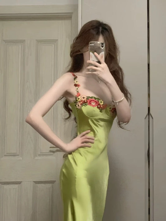 Simple A line Spaghetti Straps Satin Vestido De Desta Verde Green Prom Dresses Wedding Guest Dress N266