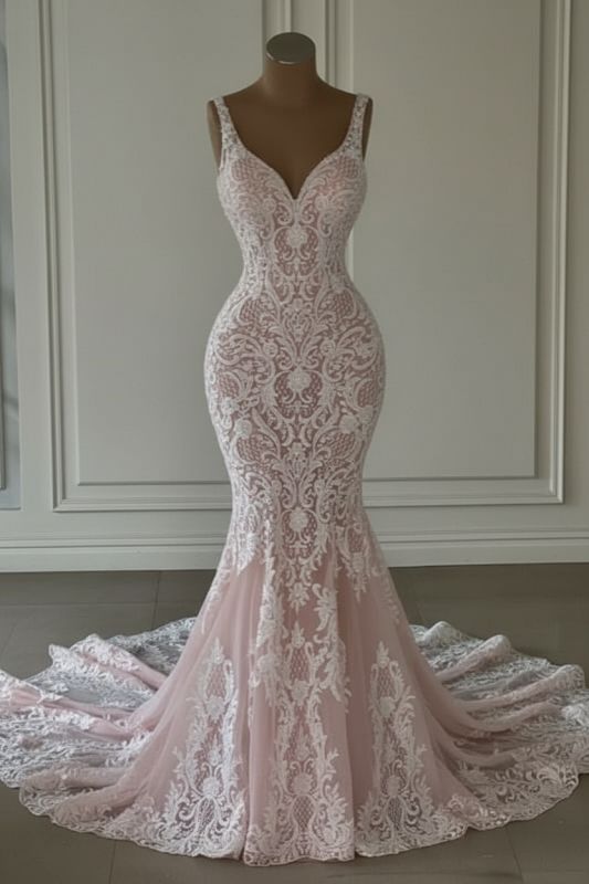 Mermaid Lace Sweetheart Wedding Dress V-neck Long Bridal Dress with Train AB1708