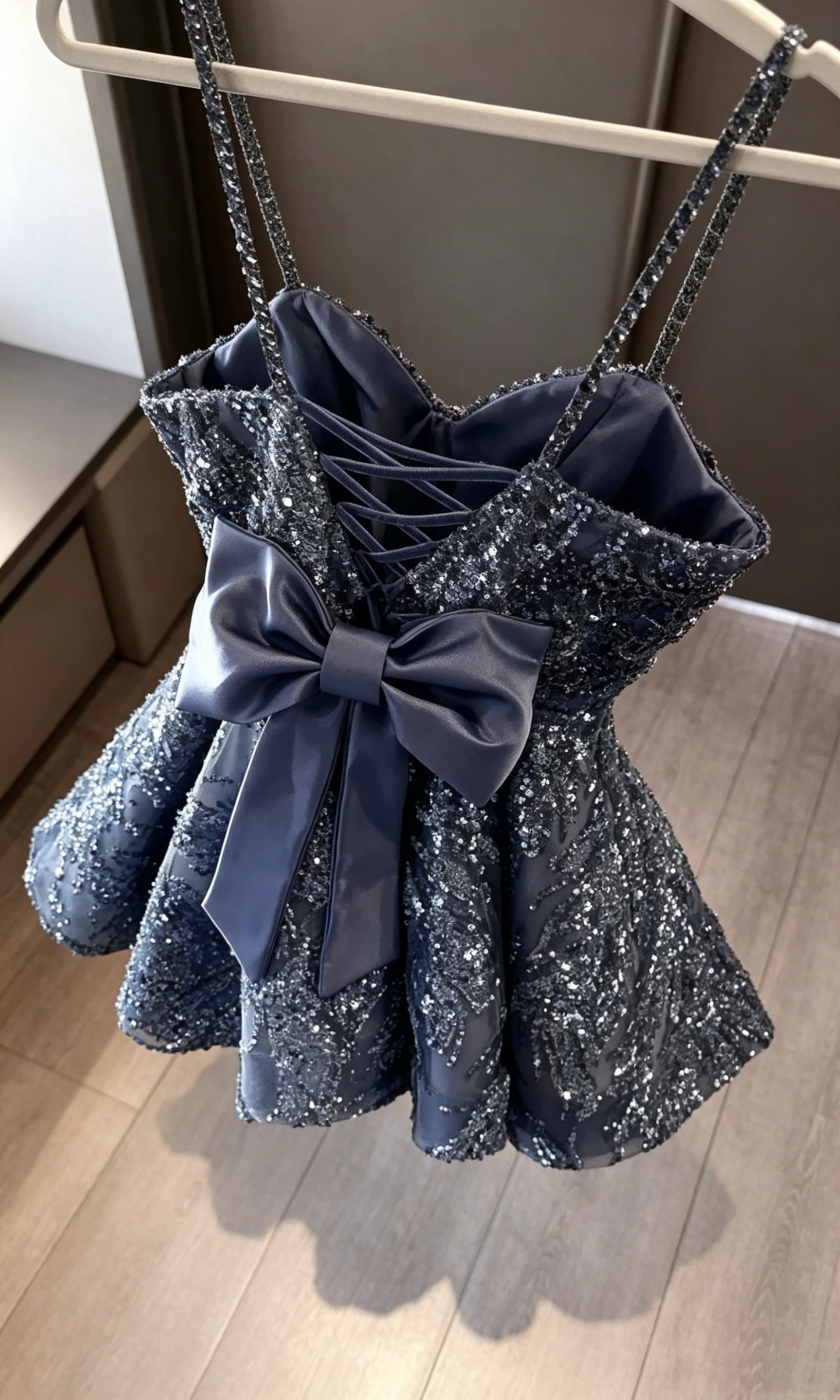 Classy Ball Gown Spaghetti Straps Dusty Blue Sequin Mini Short High School Impress Inspo Graduation Dress Homecoming Dresses RB3322