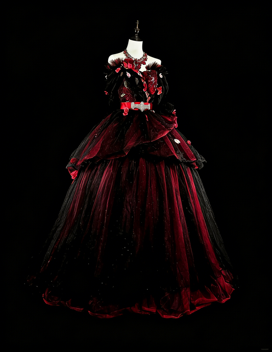 Modest Prom Dresses Ball Gown Strapless Burgundy Tulle With Appliqued Long Quince Dress N3066