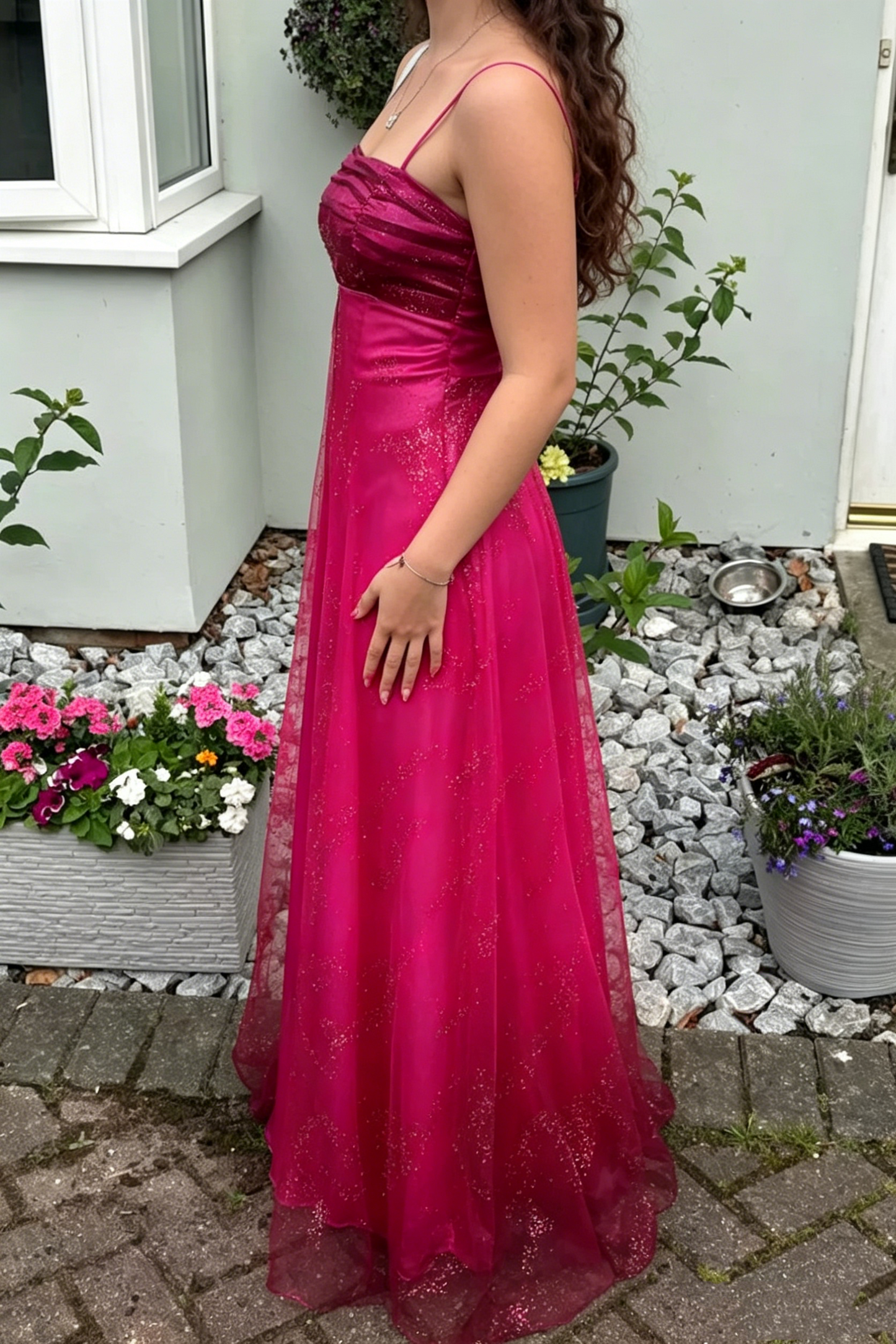Vintage A Line Spaghetti Strap Hot Pink Sleeveless Long Prom Dresses For Women N4189