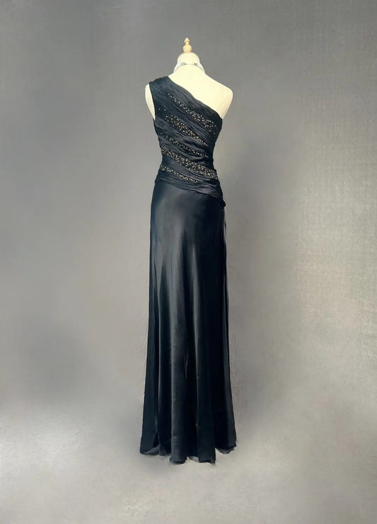Classy Prom Dresses Mermaid One Shoulder Satin Black Tie Dress With Beaded Long Formal Evening Outfits N3704