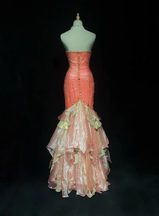 Vintage Prom Dresses Mermaid Sweetheart Coral Pink Tiered Layers With Beading 1970s Long Formal Gown N2617