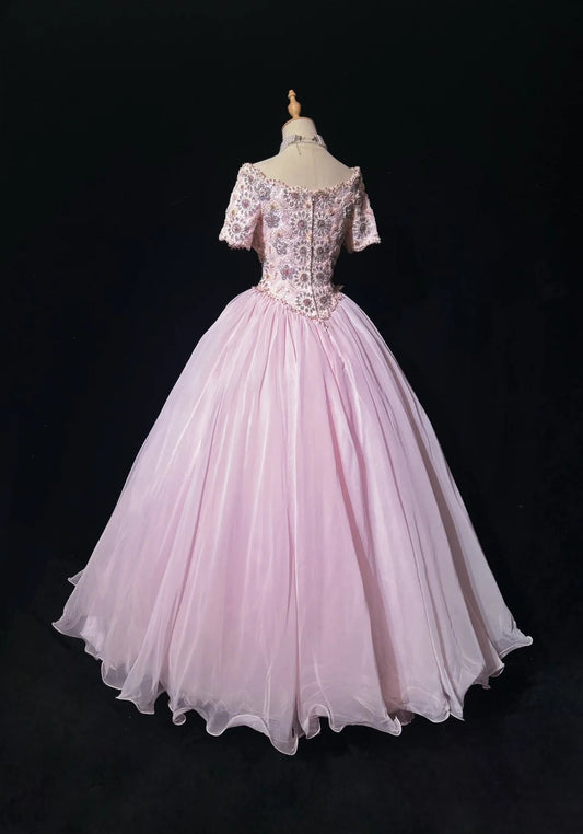 Princess Prom Dresses Ball Gown Scoop Pink Tulle Half Sleeves Evening Long Quince Dress N3285